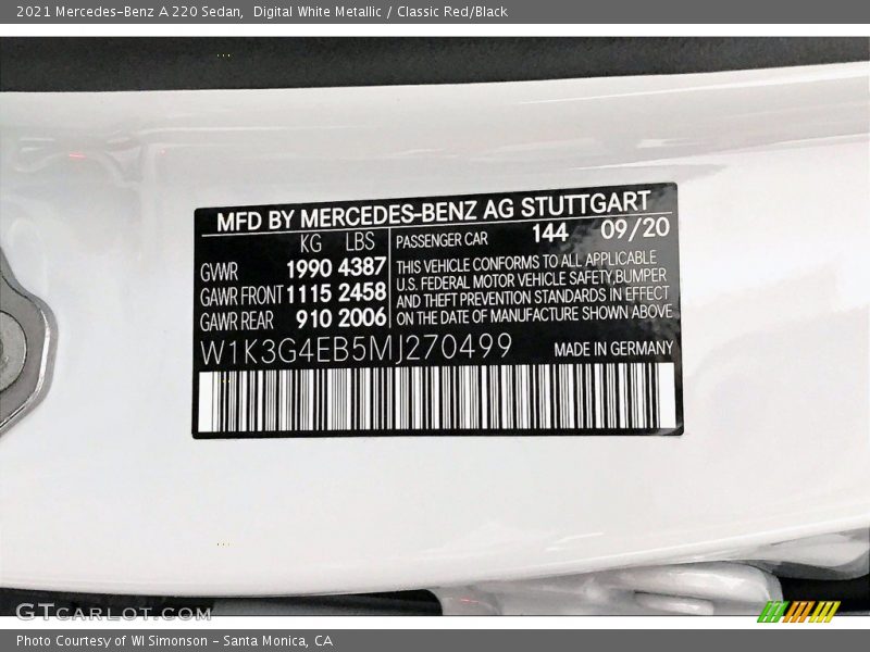 Digital White Metallic / Classic Red/Black 2021 Mercedes-Benz A 220 Sedan