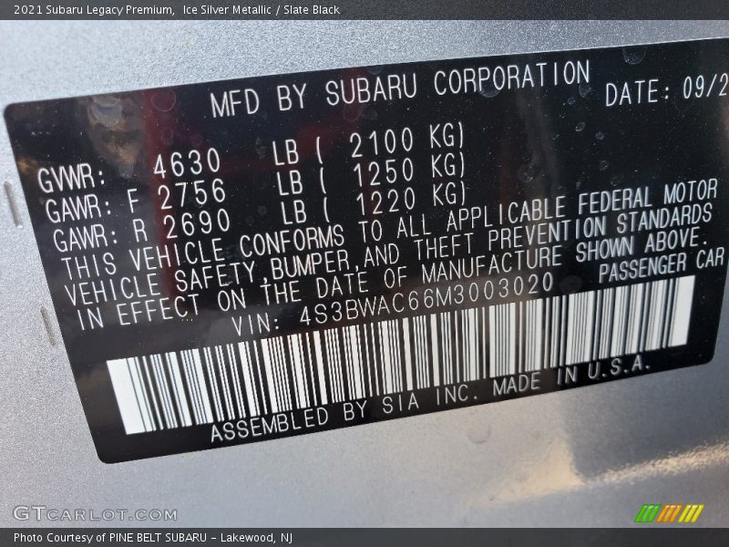 Ice Silver Metallic / Slate Black 2021 Subaru Legacy Premium