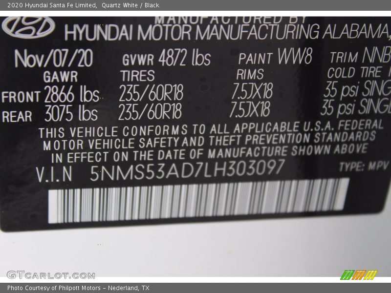 Quartz White / Black 2020 Hyundai Santa Fe Limited