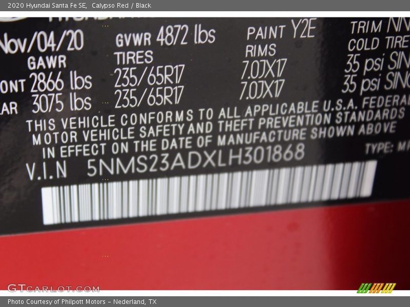 Calypso Red / Black 2020 Hyundai Santa Fe SE