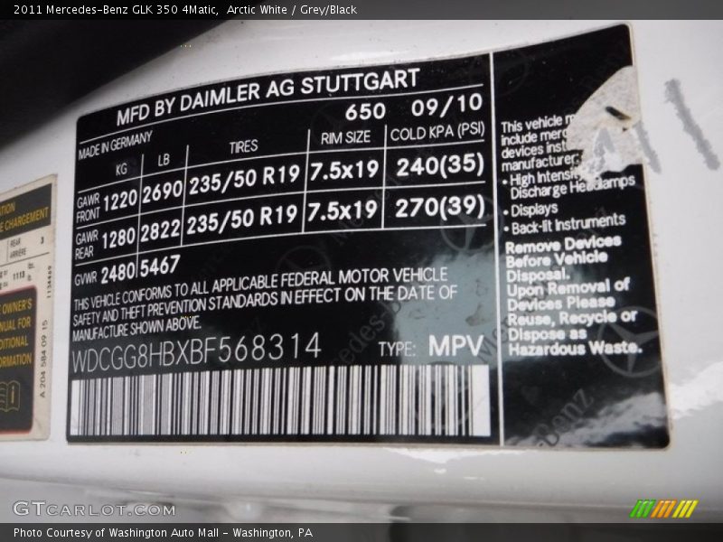 Arctic White / Grey/Black 2011 Mercedes-Benz GLK 350 4Matic