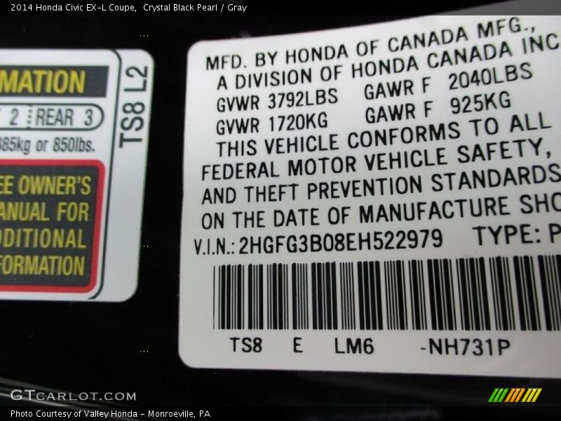 2014 Civic EX-L Coupe Crystal Black Pearl Color Code NH731P