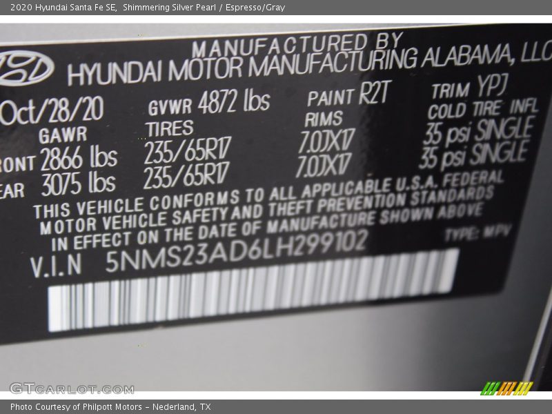 Shimmering Silver Pearl / Espresso/Gray 2020 Hyundai Santa Fe SE