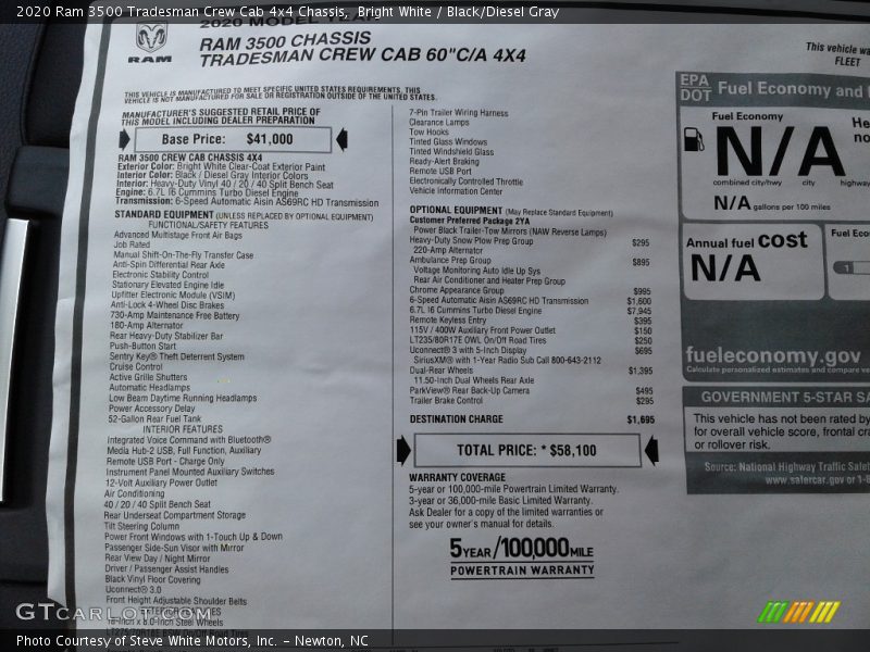Bright White / Black/Diesel Gray 2020 Ram 3500 Tradesman Crew Cab 4x4 Chassis