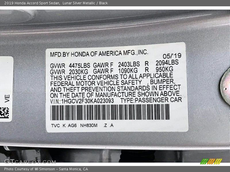 2019 Accord Sport Sedan Lunar Silver Metallic Color Code NH830M