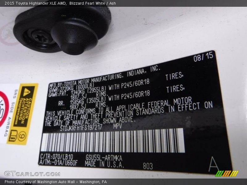 Blizzard Pearl White / Ash 2015 Toyota Highlander XLE AWD