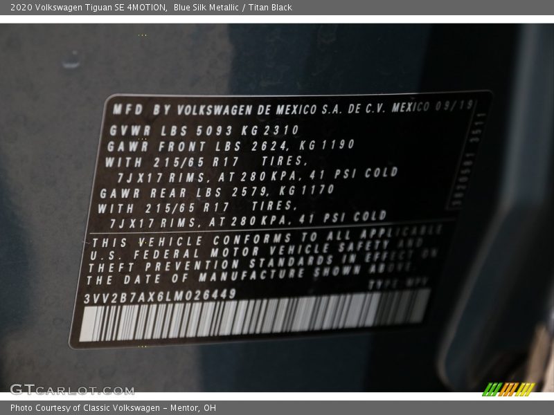 Blue Silk Metallic / Titan Black 2020 Volkswagen Tiguan SE 4MOTION