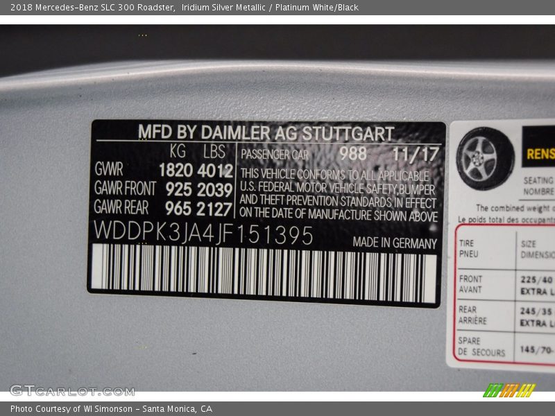 2018 SLC 300 Roadster Iridium Silver Metallic Color Code 988