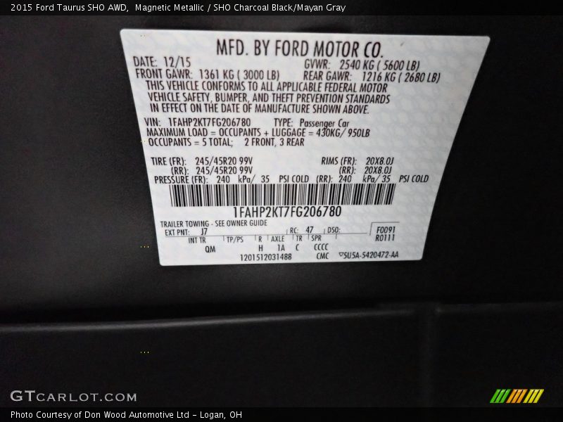 2015 Taurus SHO AWD Magnetic Metallic Color Code J7