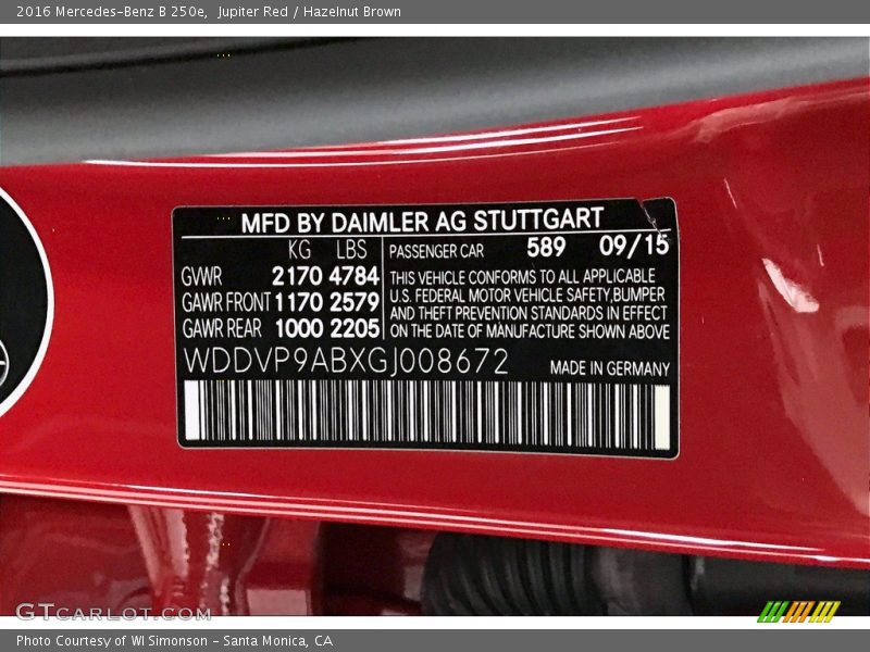 2016 B 250e Jupiter Red Color Code 589