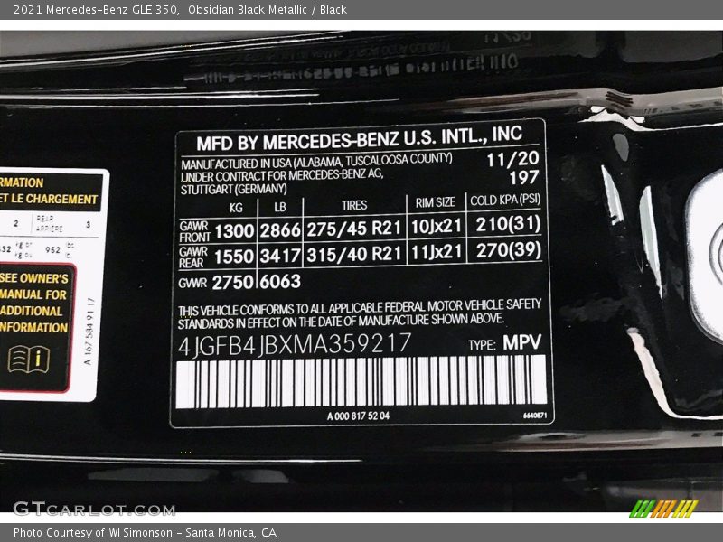 2021 GLE 350 Obsidian Black Metallic Color Code 197