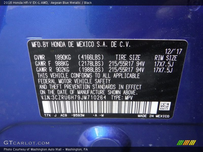 Aegean Blue Metallic / Black 2018 Honda HR-V EX-L AWD