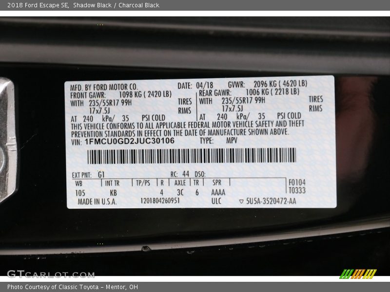 Shadow Black / Charcoal Black 2018 Ford Escape SE
