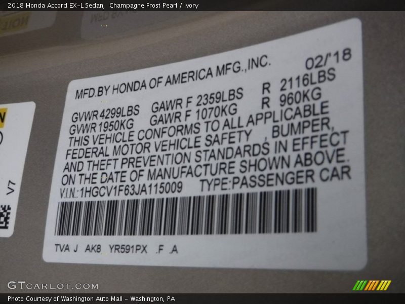 2018 Accord EX-L Sedan Champagne Frost Pearl Color Code YR591PX