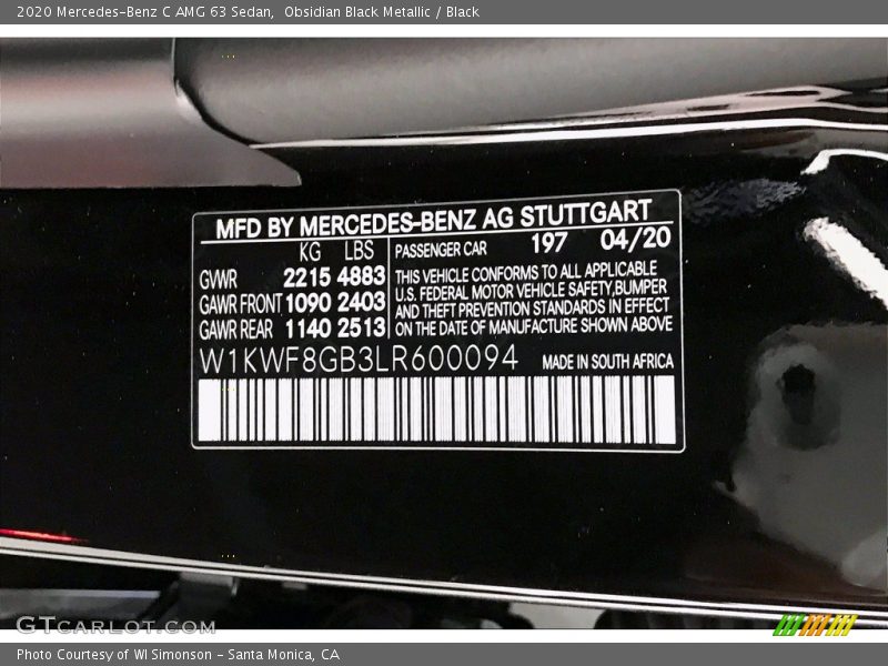 2020 C AMG 63 Sedan Obsidian Black Metallic Color Code 197