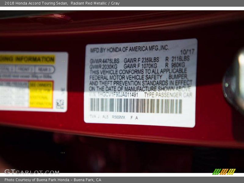Radiant Red Metallic / Gray 2018 Honda Accord Touring Sedan