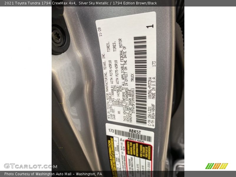 2021 Tundra 1794 CrewMax 4x4 Silver Sky Metallic Color Code 1D6