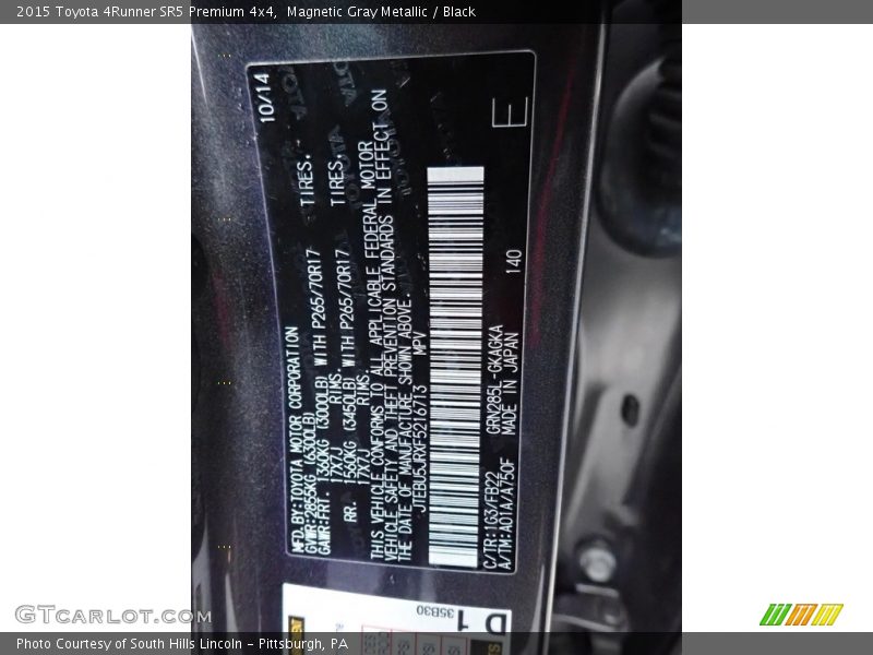 Magnetic Gray Metallic / Black 2015 Toyota 4Runner SR5 Premium 4x4