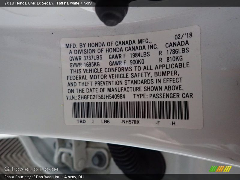 Taffeta White / Ivory 2018 Honda Civic LX Sedan