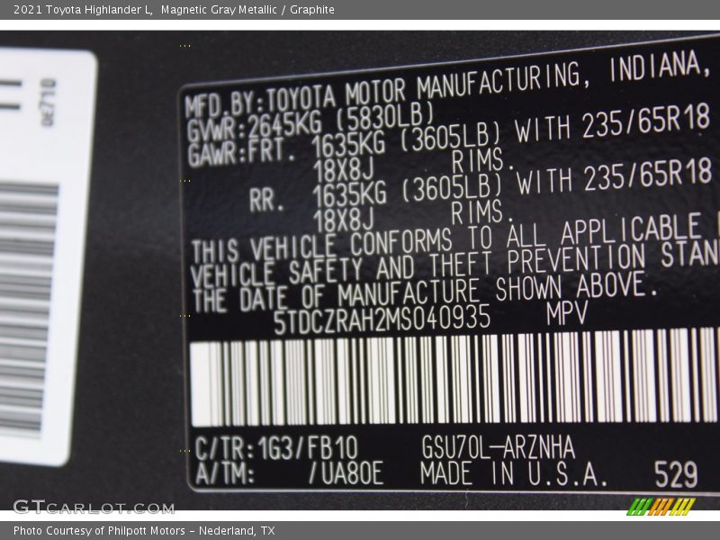 Magnetic Gray Metallic / Graphite 2021 Toyota Highlander L