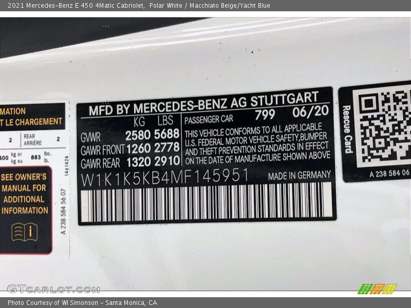 2021 E 450 4Matic Cabriolet Polar White Color Code 799