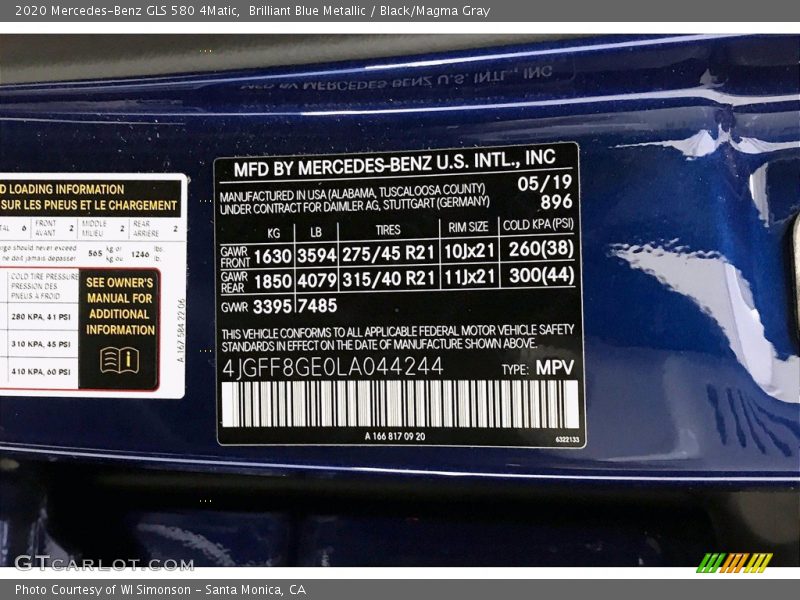Brilliant Blue Metallic / Black/Magma Gray 2020 Mercedes-Benz GLS 580 4Matic