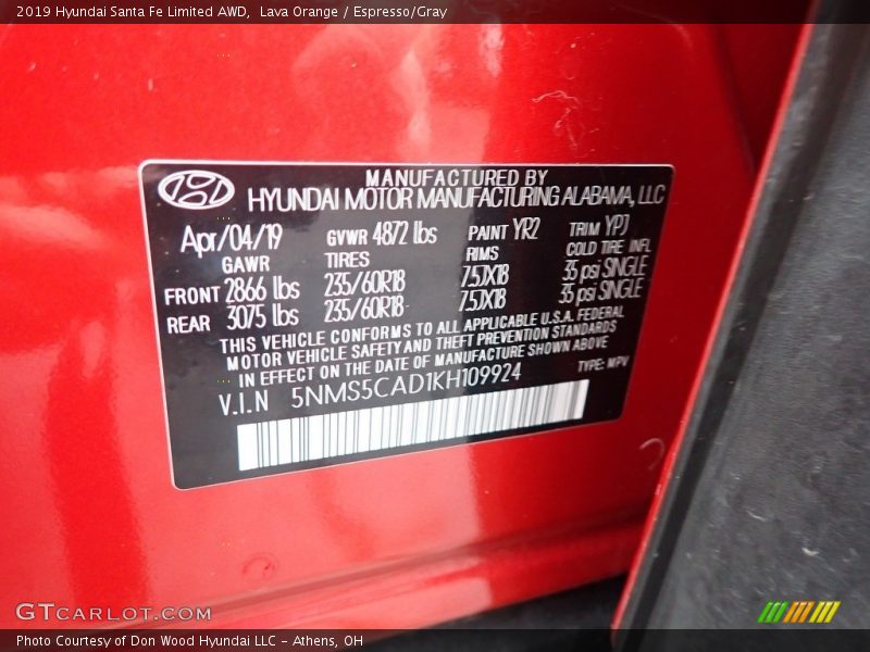 Lava Orange / Espresso/Gray 2019 Hyundai Santa Fe Limited AWD
