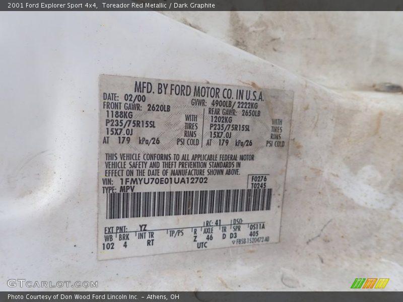 Toreador Red Metallic / Dark Graphite 2001 Ford Explorer Sport 4x4