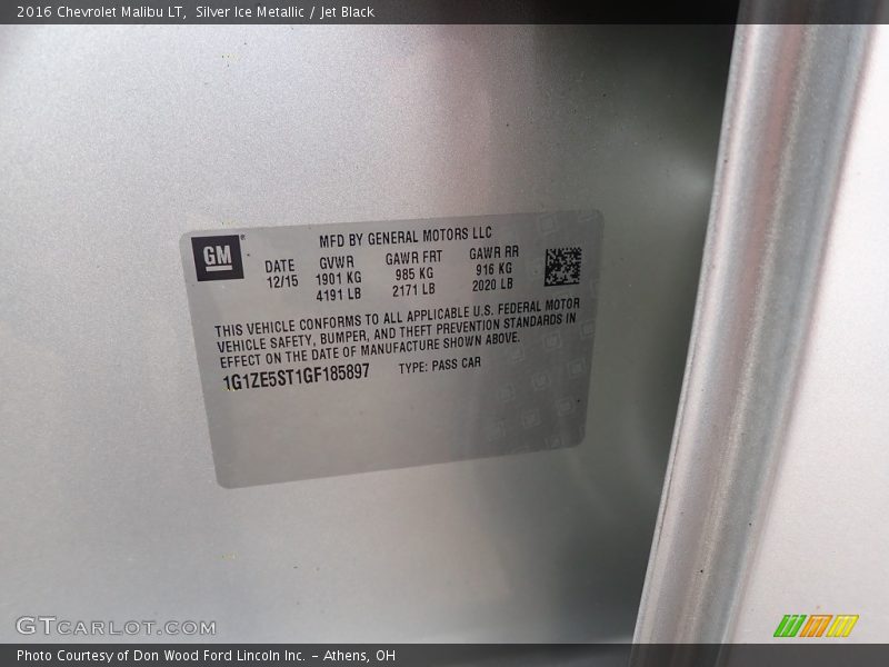 Silver Ice Metallic / Jet Black 2016 Chevrolet Malibu LT