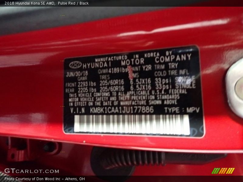Pulse Red / Black 2018 Hyundai Kona SE AWD