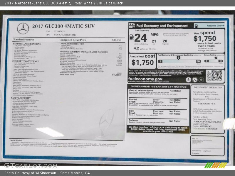  2017 GLC 300 4Matic Window Sticker