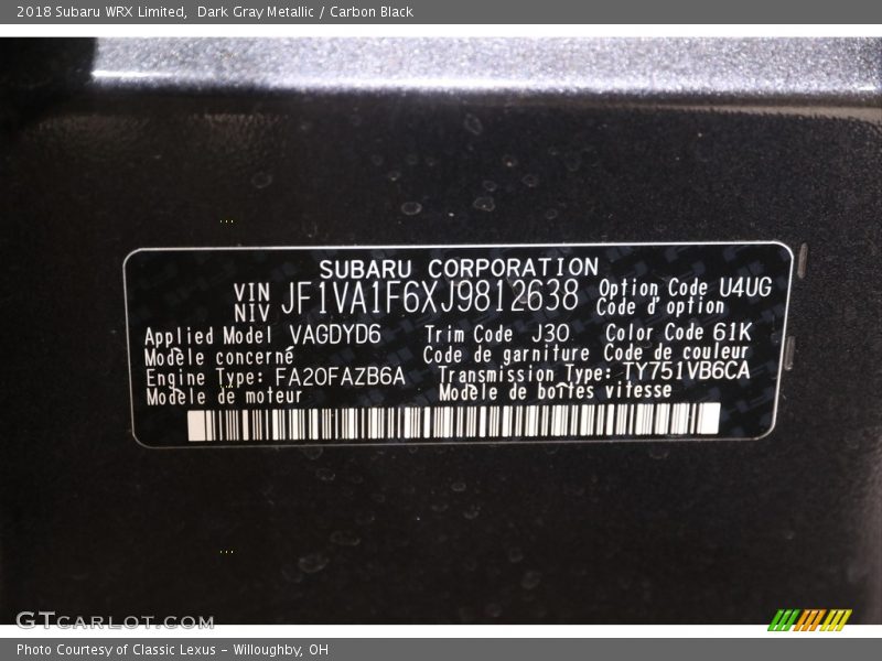 Dark Gray Metallic / Carbon Black 2018 Subaru WRX Limited