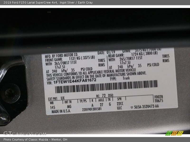 Ingot Silver / Earth Gray 2019 Ford F150 Lariat SuperCrew 4x4