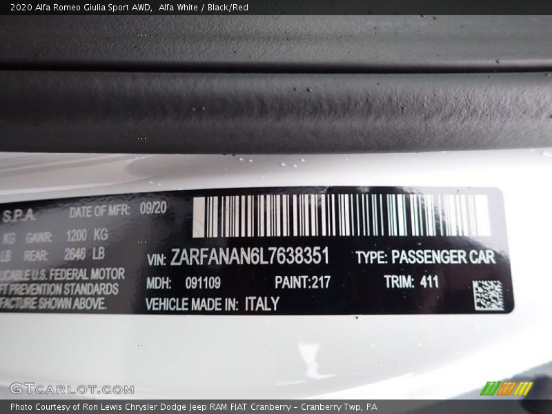 2020 Giulia Sport AWD Alfa White Color Code 217