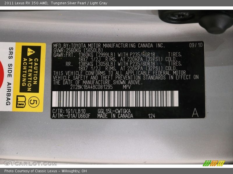 Tungsten Silver Pearl / Light Gray 2011 Lexus RX 350 AWD