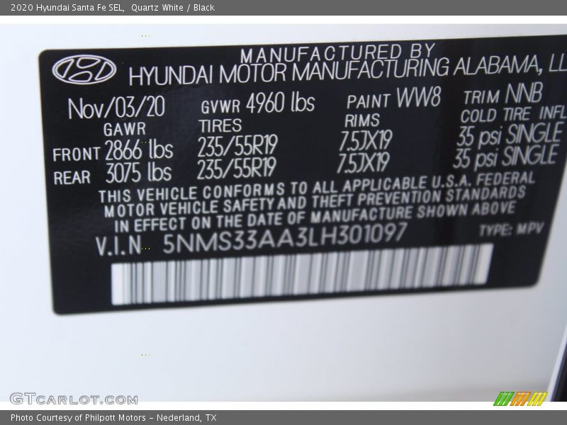 Quartz White / Black 2020 Hyundai Santa Fe SEL