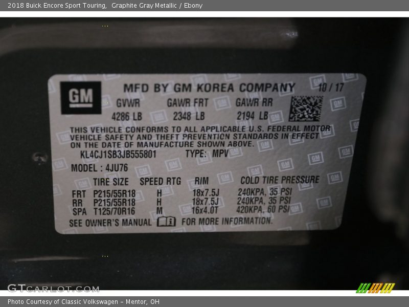 Graphite Gray Metallic / Ebony 2018 Buick Encore Sport Touring