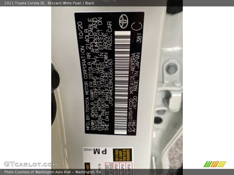 2021 Corolla SE Blizzard White Pearl Color Code 070