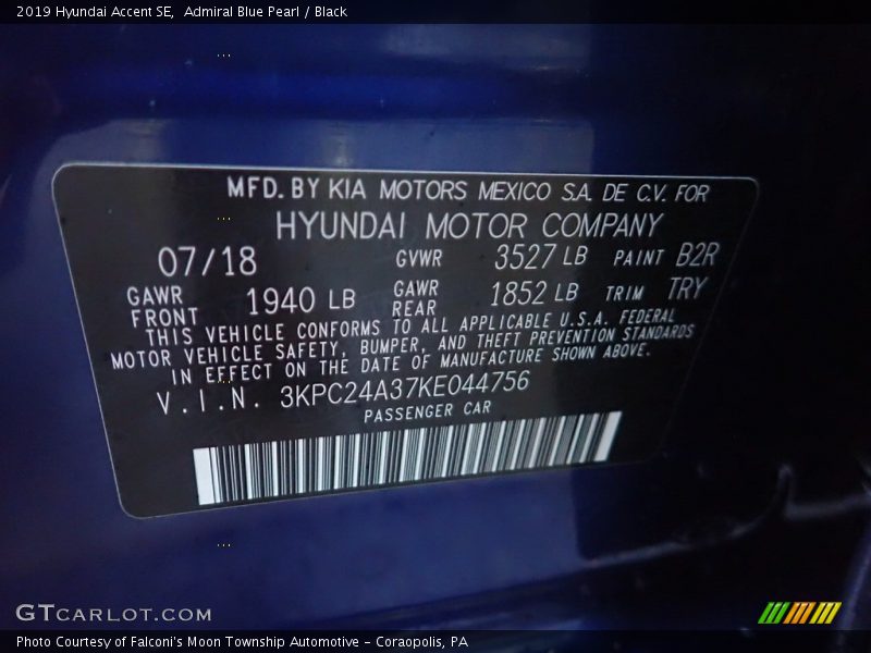 Admiral Blue Pearl / Black 2019 Hyundai Accent SE