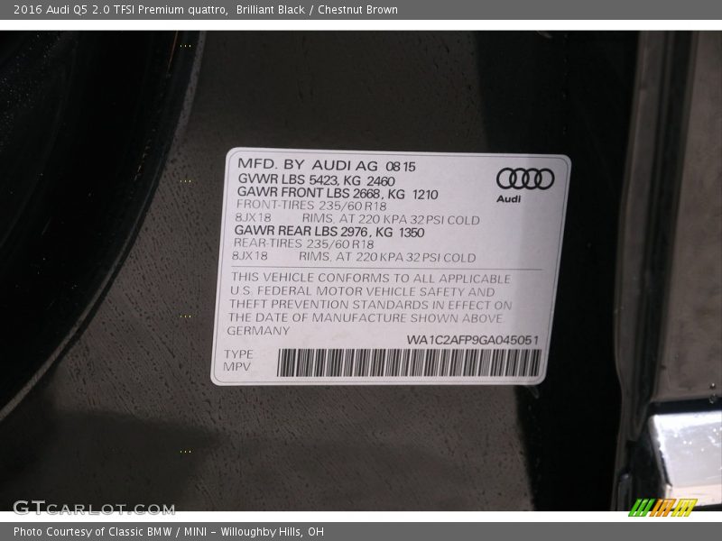 Brilliant Black / Chestnut Brown 2016 Audi Q5 2.0 TFSI Premium quattro