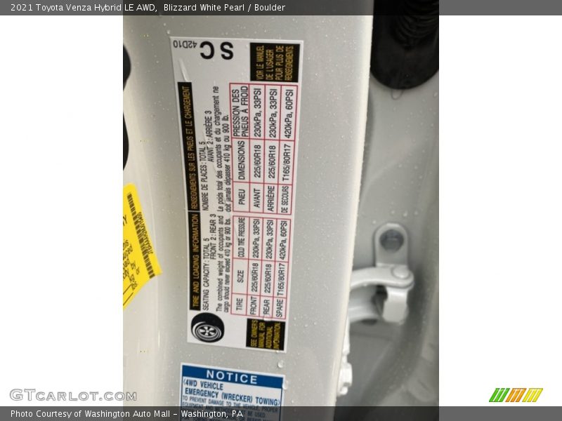 Blizzard White Pearl / Boulder 2021 Toyota Venza Hybrid LE AWD