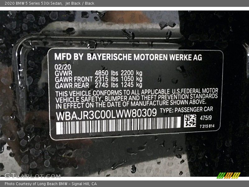 Jet Black / Black 2020 BMW 5 Series 530i Sedan