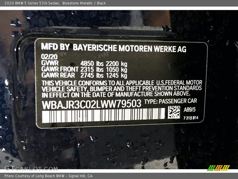 Bluestone Metallic / Black 2020 BMW 5 Series 530i Sedan