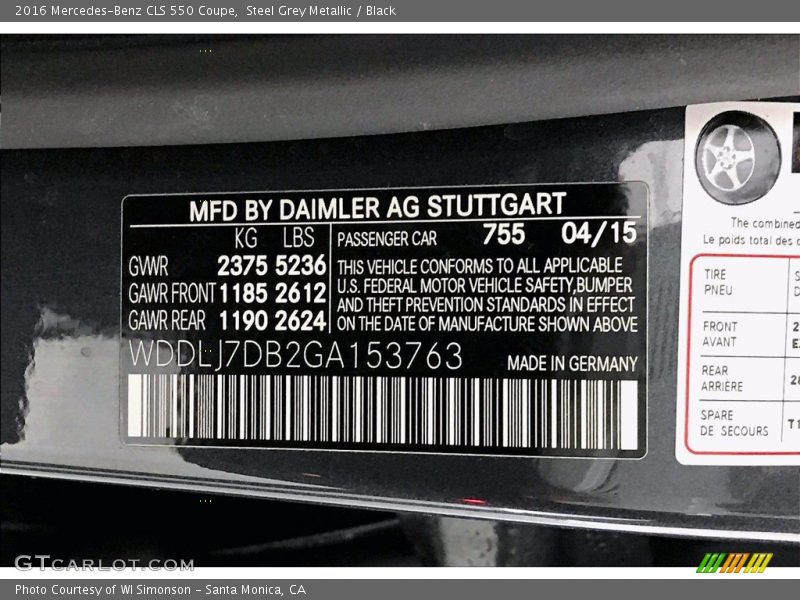 2016 CLS 550 Coupe Steel Grey Metallic Color Code 755