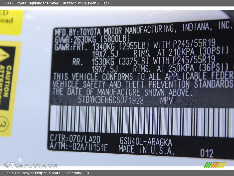 Blizzard White Pearl / Black 2012 Toyota Highlander Limited