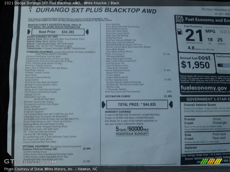 White Knuckle / Black 2021 Dodge Durango SXT Plus Blacktop AWD