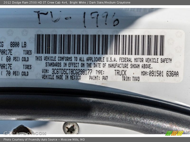 Bright White / Dark Slate/Medium Graystone 2012 Dodge Ram 2500 HD ST Crew Cab 4x4