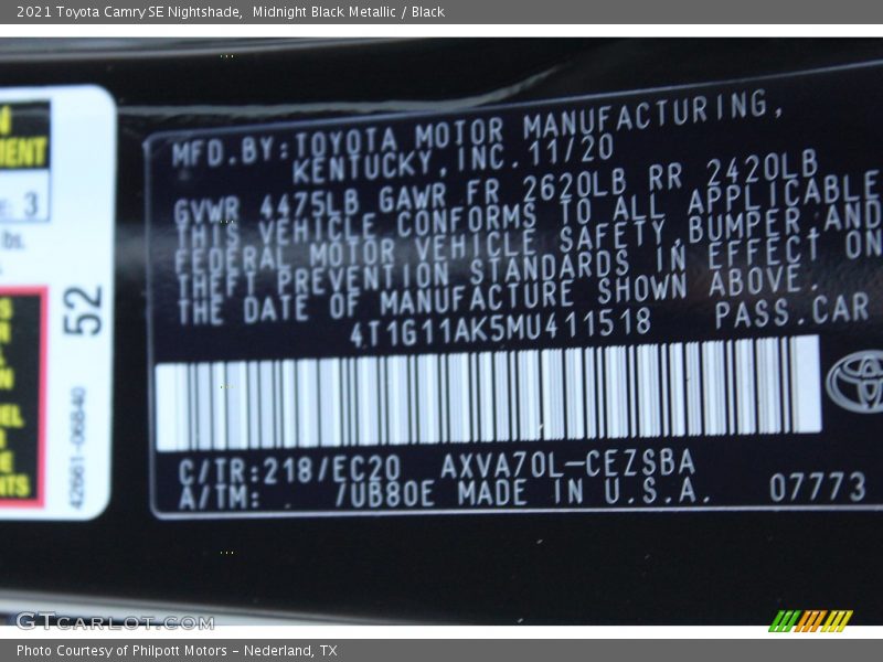 2021 Camry SE Nightshade Midnight Black Metallic Color Code 218