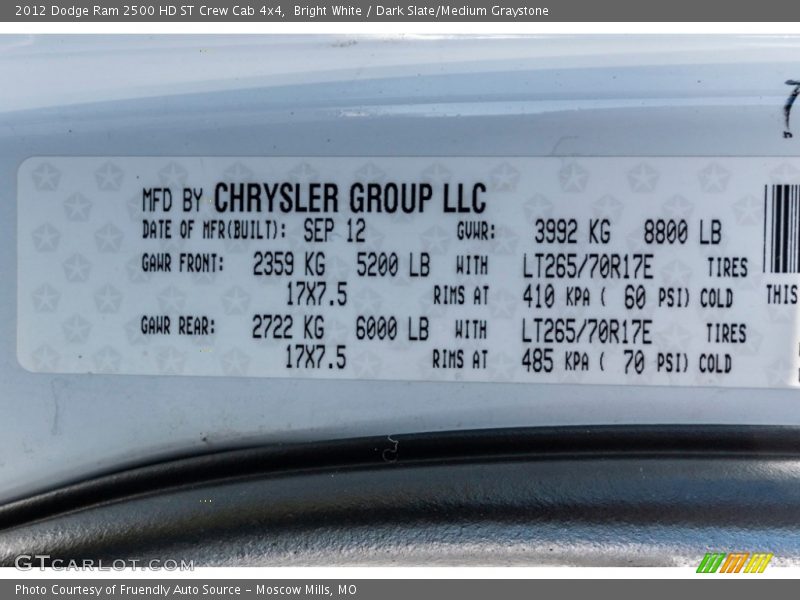 Bright White / Dark Slate/Medium Graystone 2012 Dodge Ram 2500 HD ST Crew Cab 4x4