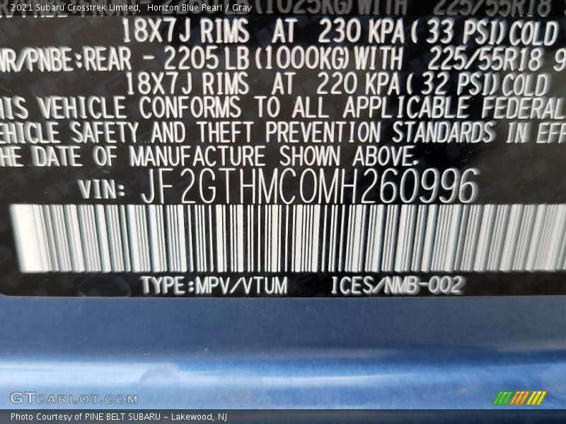 Horizon Blue Pearl / Gray 2021 Subaru Crosstrek Limited